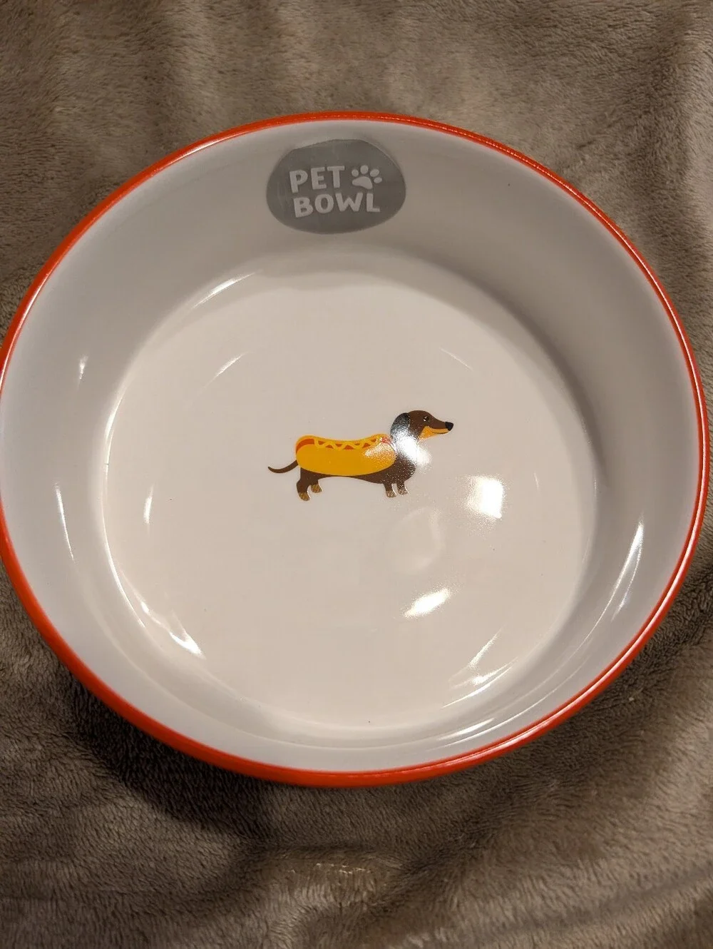 White & Orange Pet Bowl with Dachshund Graphic Med-large Dog Bowl
